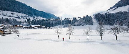 Langläufer gleiten durch eine malerische Winterlandschaft im Salzburger Land